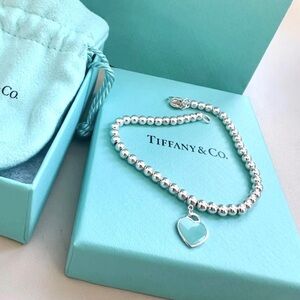 Tiffany & Co. Sterling Silver Beaded Bracelet with Light Blue Heart Charm